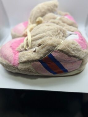 Tennis Shoe Plush Fuzzy Pink & Beige Slippers with Blue-Red Stripe